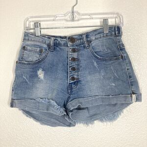 One Teaspoon Harlets Shorts Womens 25 Blue High Rise Distressed Denim Button Fly